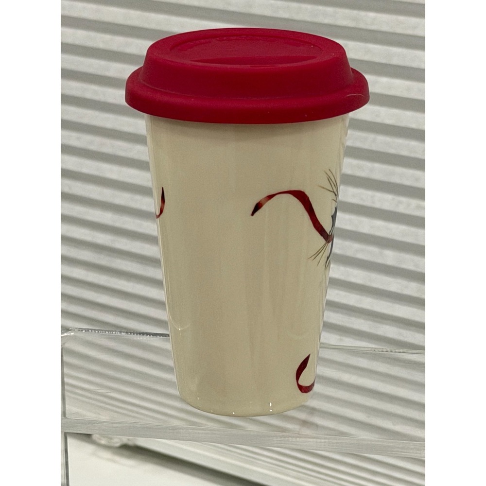 Lenox Red Cardinal Winter Greetings Travel Tumbler Porcelain w Red Silicone Lid - Picture 3 of 8